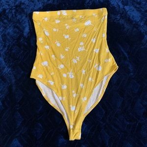 Yellow floral strapless body suit cute trendy top
